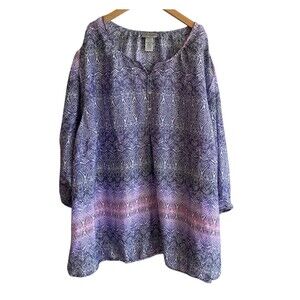 Catherines Popover Tunic Top Size 3X Lightweight Coastal Shimmer Puff Sleeve EUC